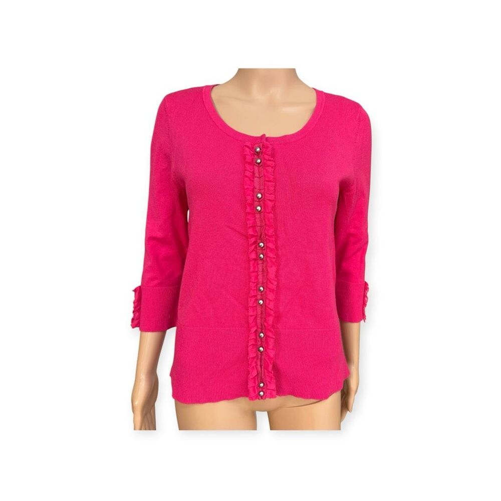 White House Black Market Pink Ruffle Cardigan Sweater Women’s size M 3/4 Sleeve